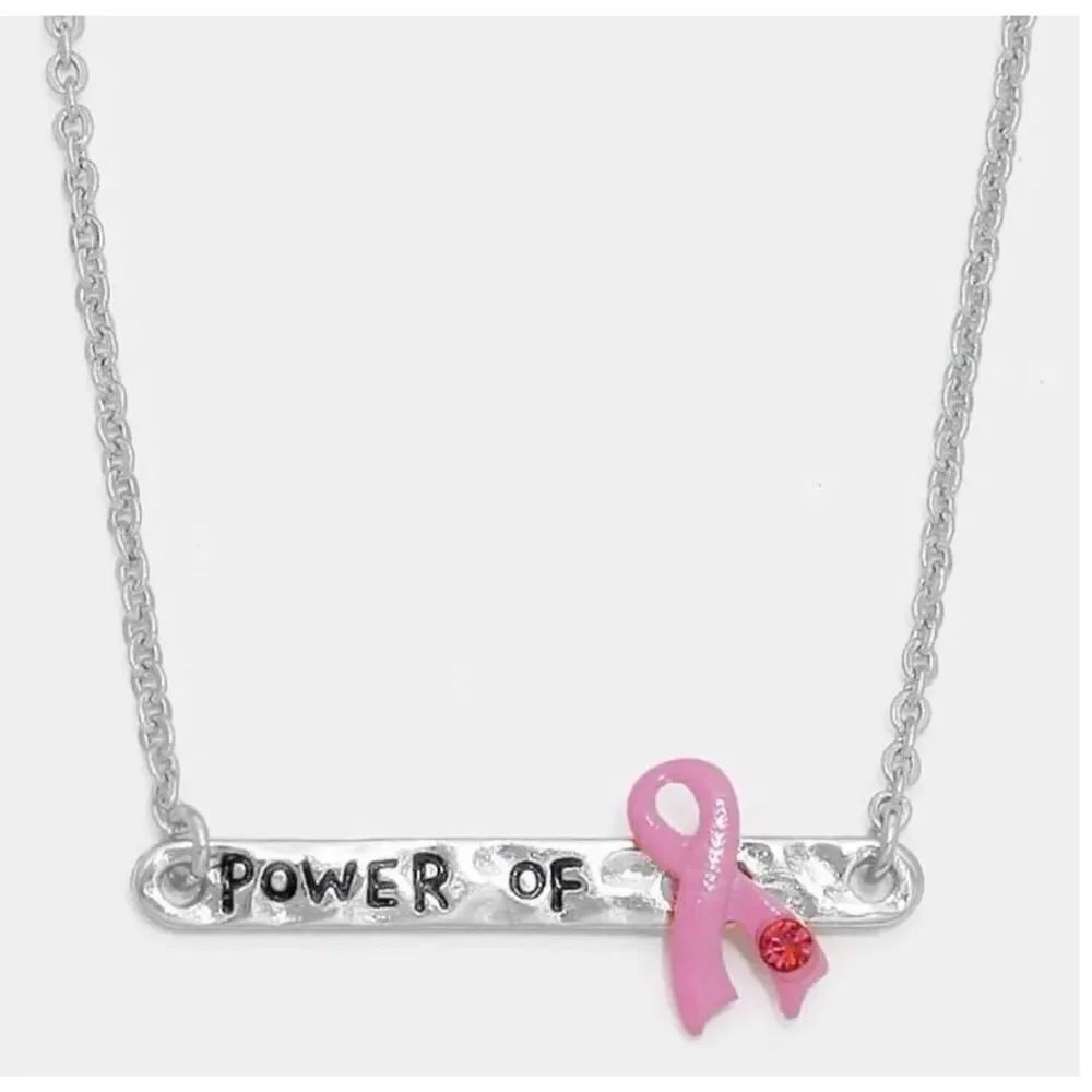 New Boutique Breast Cancer Awareness Power of Pink Silver Hammered Bar Necklace